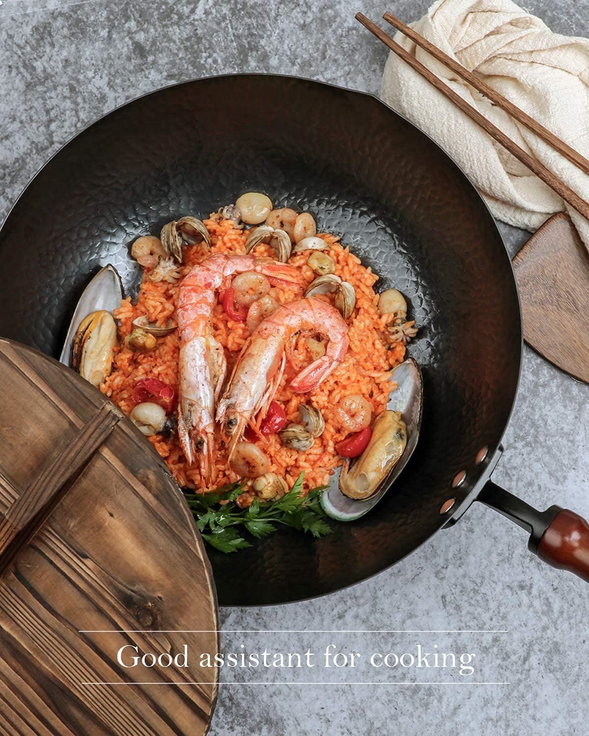 Wok Pan 12.5", Stir Fry Pan with Lid, Gloves & Cookware Accessories, Carbon Steel, Suitable for All Stoves (Flat Bottom)