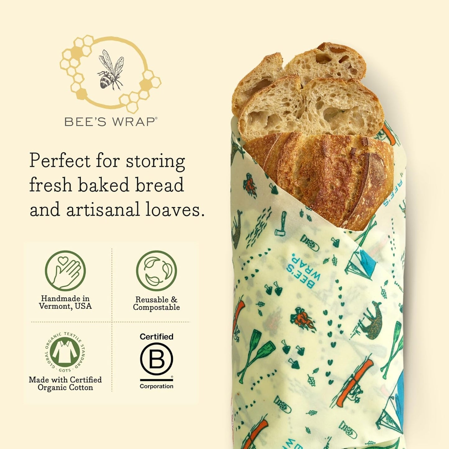 Bee's Wrap Beeswax Wraps for Food - Great Outdoors Bread Wrap - Made in USA Reusable Bread Storage Bags - Organic & Eco-Friendly Alternative to Aluminum Foil, Sourdough Bags & Plastic Wrap