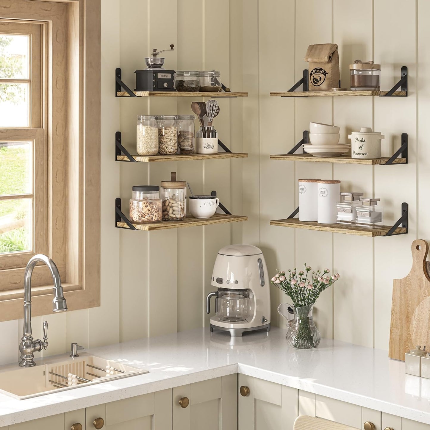 YGEOMER 16.5 Inch Floating Shelves for Wall, Farmhouse Wall Shelves for Bedroom, Bathroom Storage, Living Room and Kitchen Decor (Set of 6 Light Brown Color)