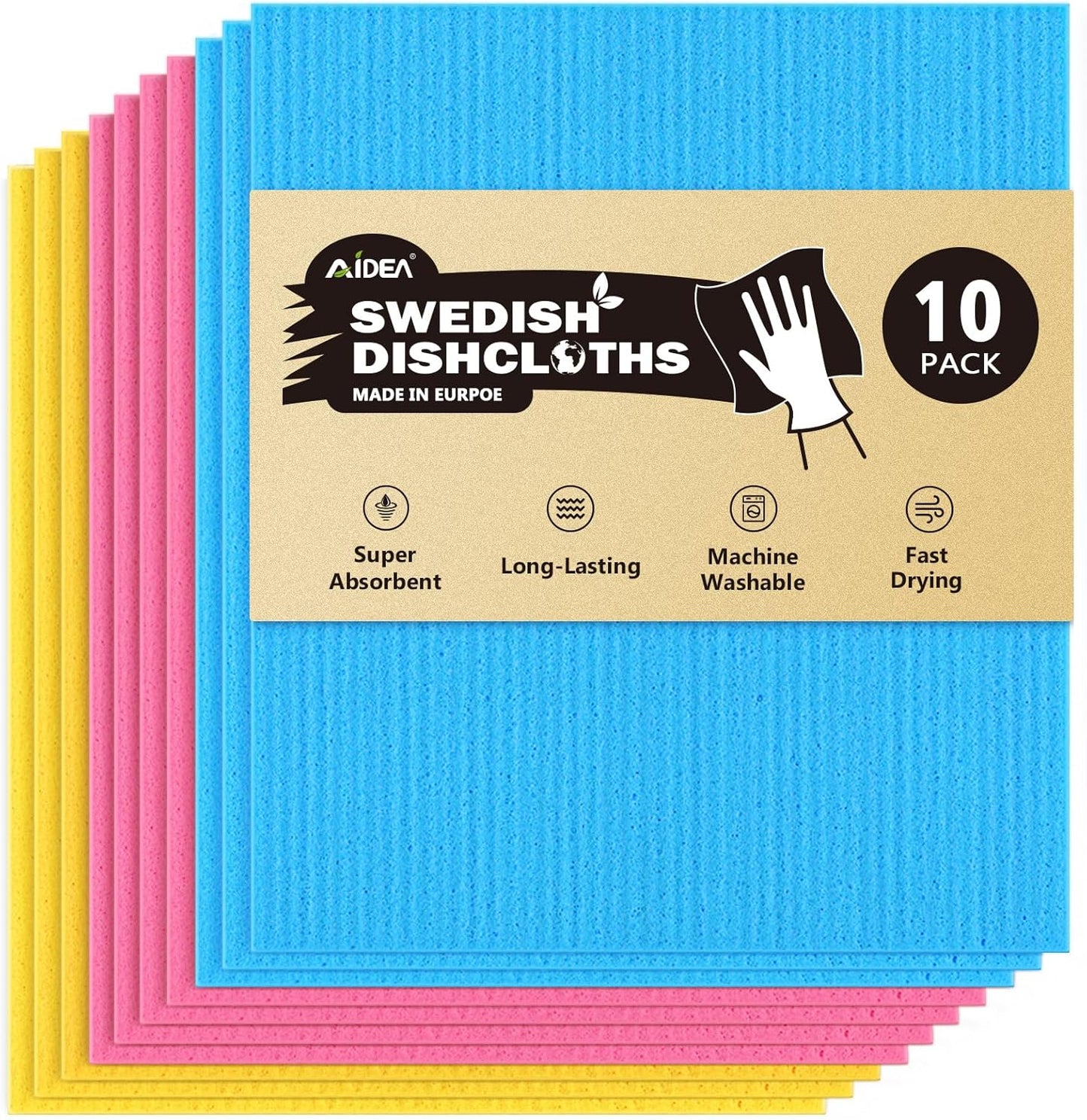 AIDEA Swedish Dish Cloth, 10PK, Swedish Dishcloths for Kitchen, Reusable Paper Towels Washable, Sponge Cloths Kitchen, Absorbent Dish Rags, Dish Towels Cloth, 7"x6"