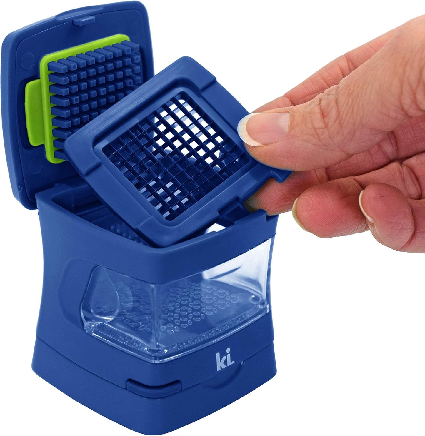 Garlic-A-Peel Garlic Press, Crusher, Cutter, Mincer, and Storage Container - Includes Silicone Garlic Peeler - Easy to Clean - Stainless Steel Blades – (Blue), standard