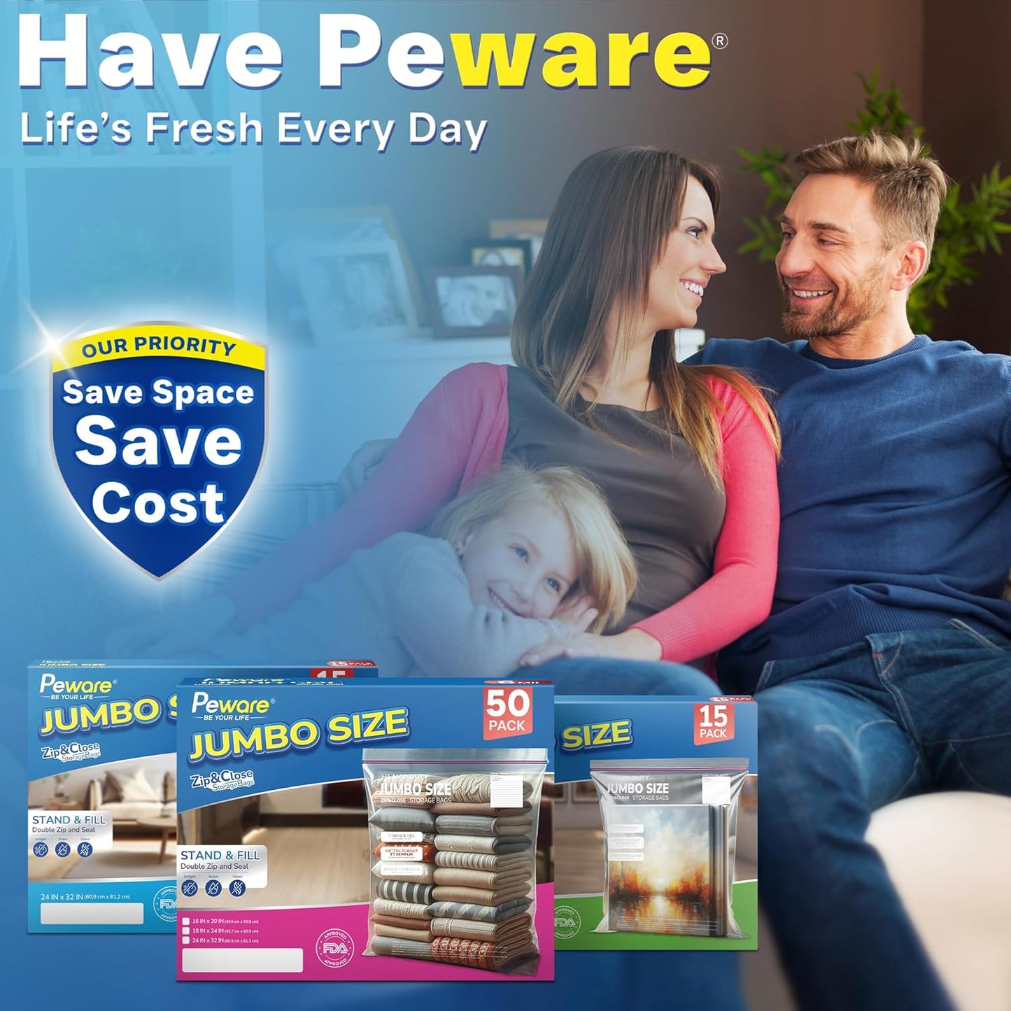 Large Storage Bags, 16"x20" Jumbo Plastic Bag, BPA Free, 3.5 Gallon XL Zipper Lock Baggies for Clothes Pillow Travel Moving - 50 Roomy Bags