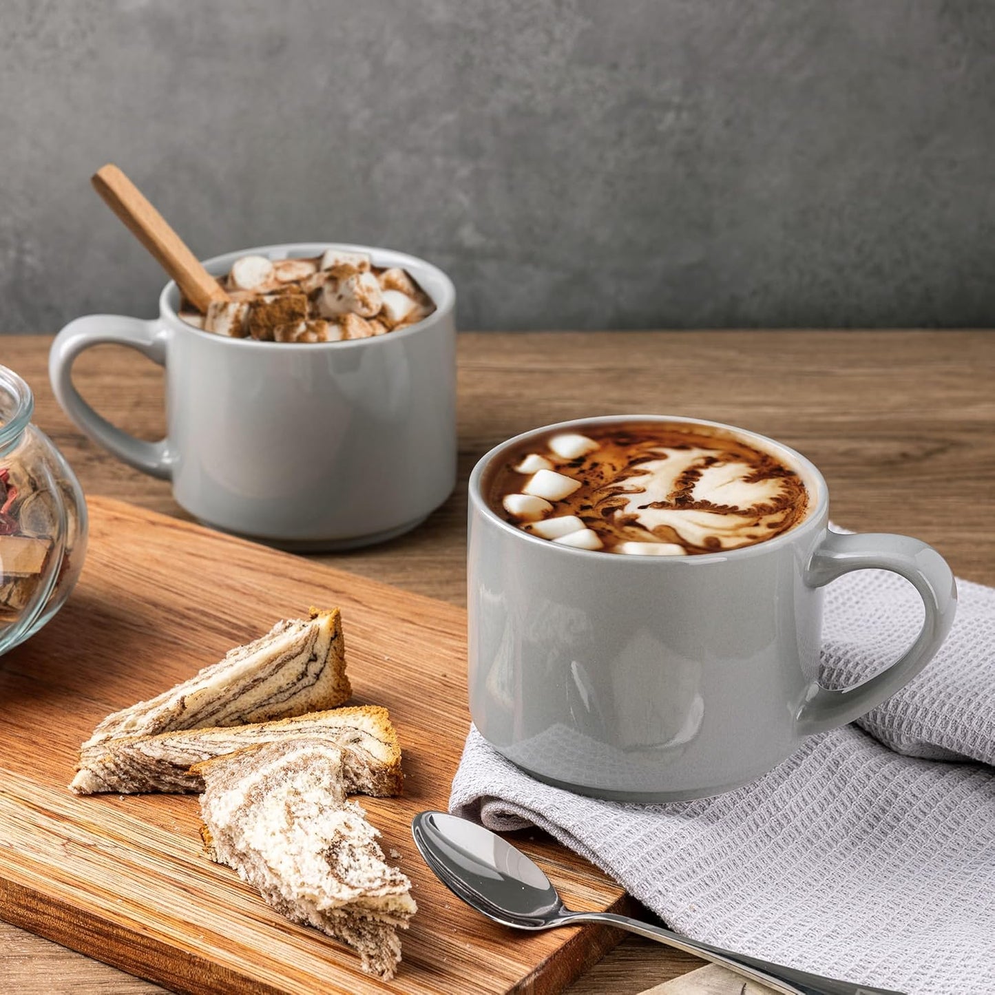 GBHOME 14OZ Stackable Ceramic Mugs Set of 6, Modern Coffee Mugs for Hot Drinks, Grey, 14 Fluid Ounces, 6 Count