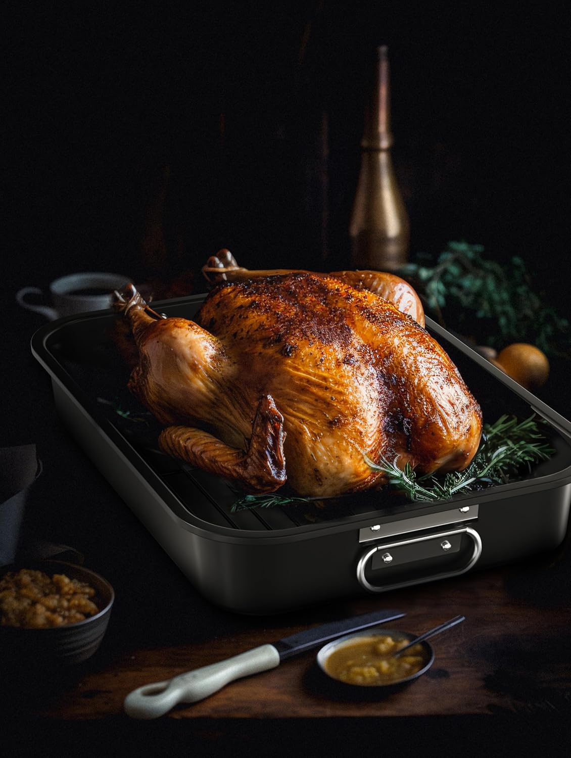 CHEFMADE Roasting Pan, 15-Inch Non-Stick Metal Turkey Pan with Rack, Banking Pan for Lasagna Vegetable and Meat, Chicken Roasting Pan 15.35" x 11.14" x 2.24"