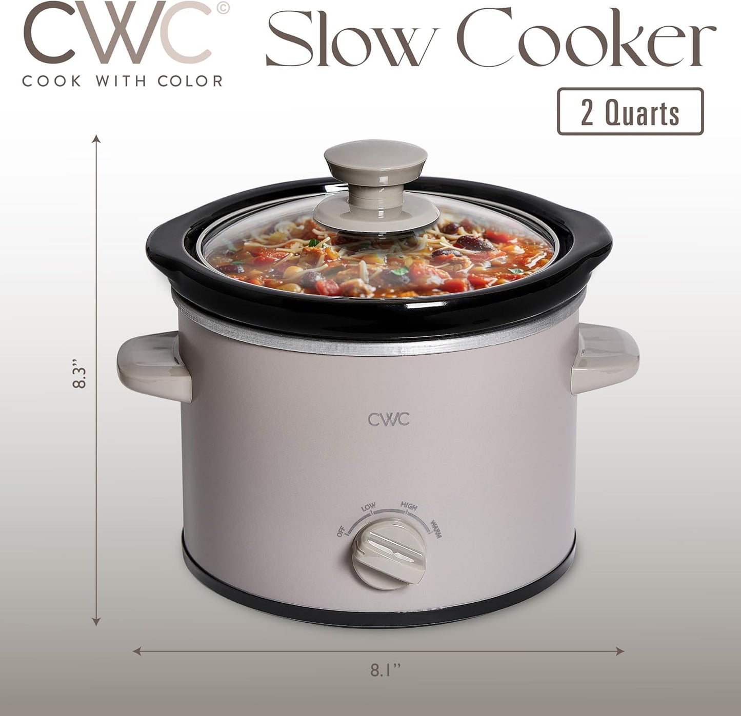 COOK WITH COLOR 2QT Mini Electric Round Slow Cooker - Adjustable Settings, Removable Stoneware Pot, Tempered Glass Lid, Dishwasher Safe, Cool-Touch Side Handles, Greige