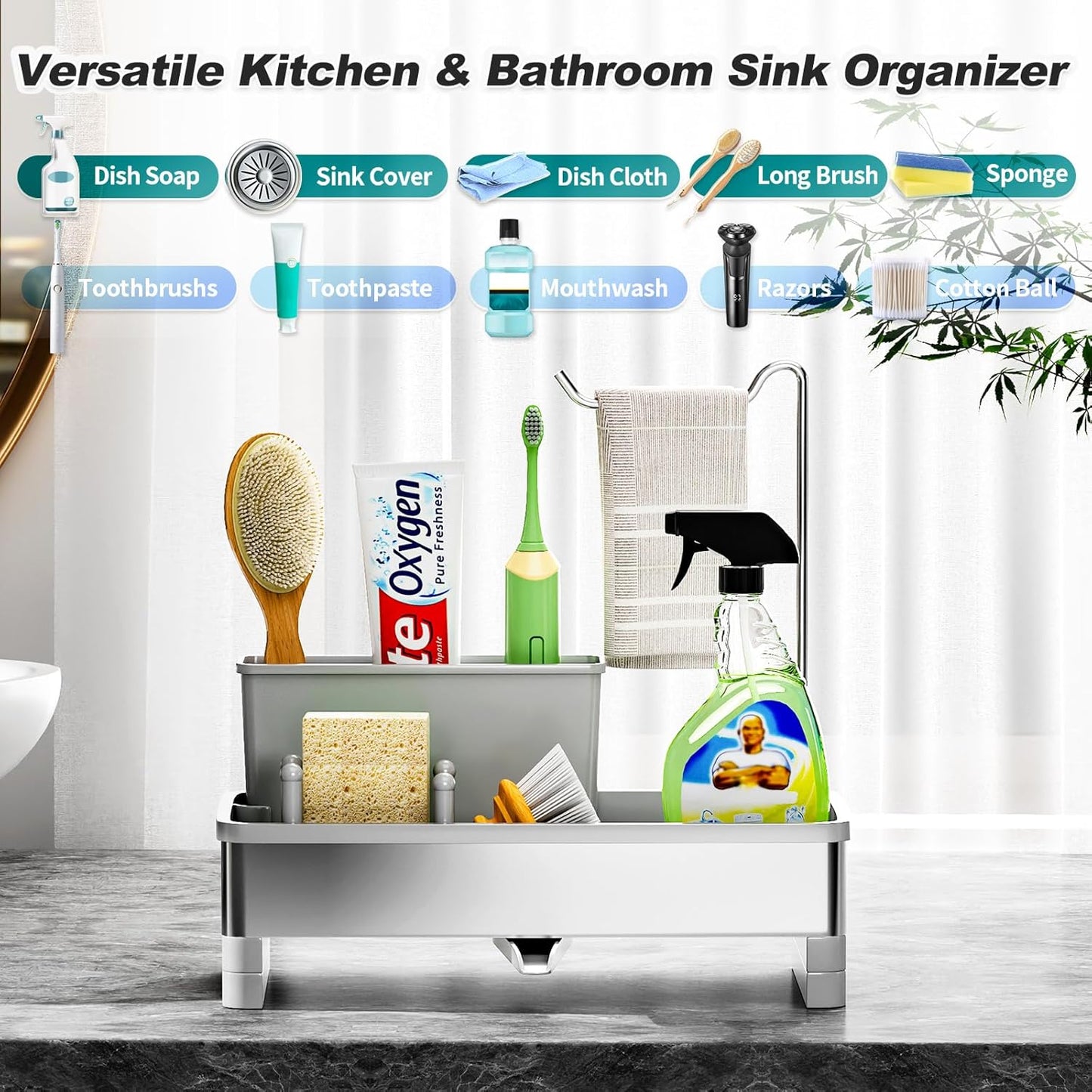 Stainless Steel Sink Caddy, Sponge Holder for Kitchen Sink with Brush Holder & Dishcloth Rack, Rustproof Sink Organizer Countertop, Kitchen Organizers Storage Essentials (F-Gray)