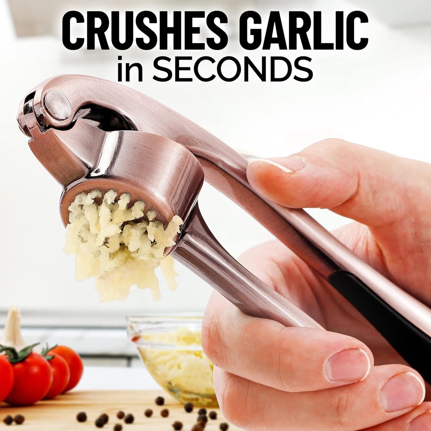 Zulay Kitchen Premium Garlic Press Set - Rust Proof & Dishwasher Safe Professional Garlic Mincer Tool - Easy-Squeeze, Easy-Clean with Soft, Ergonomic Handle - Silicone Garlic Peeler & Brush (Copper)
