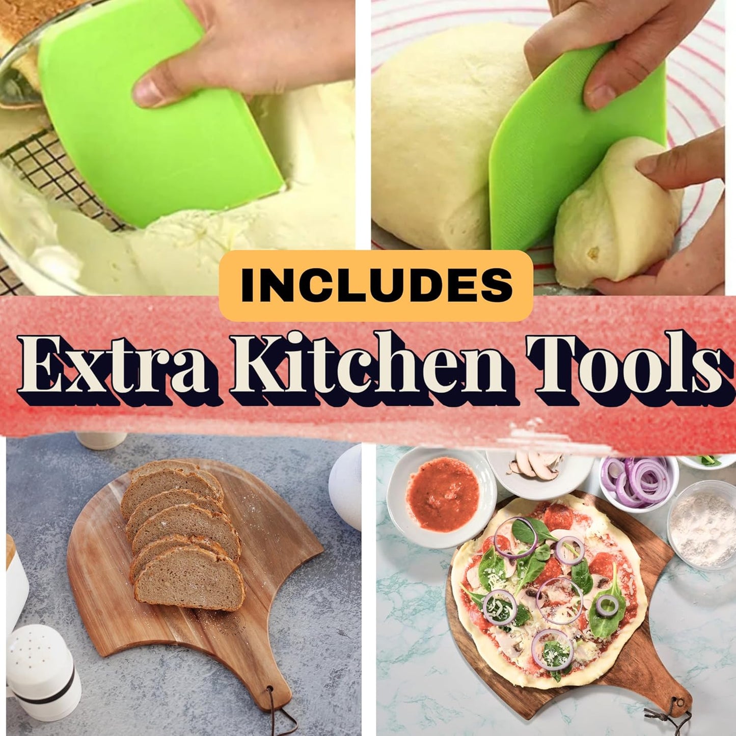 Pizza Stones for Oven - Pizza Stone for Grill with Handles, Wooden Peel and Dough Cutter - 15 inch x 12 inch Grilling Stones - Baking Stone for Bread - Pizza Making Set