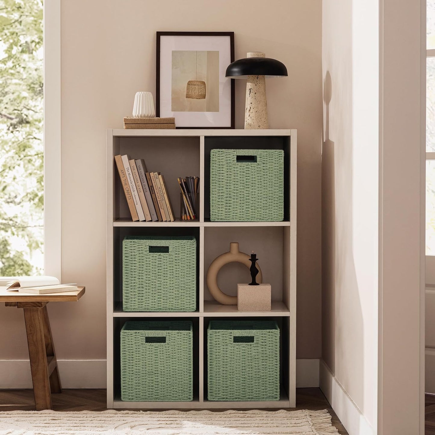 UBBCARE 3 Pack Wicker Basket, 11L×11H×10.5W inch Woven Paper Rope Storage Baskets for shelves, Foldable Cube Storage bin with Handle, Storage Basket for Organizing & Decor, Green