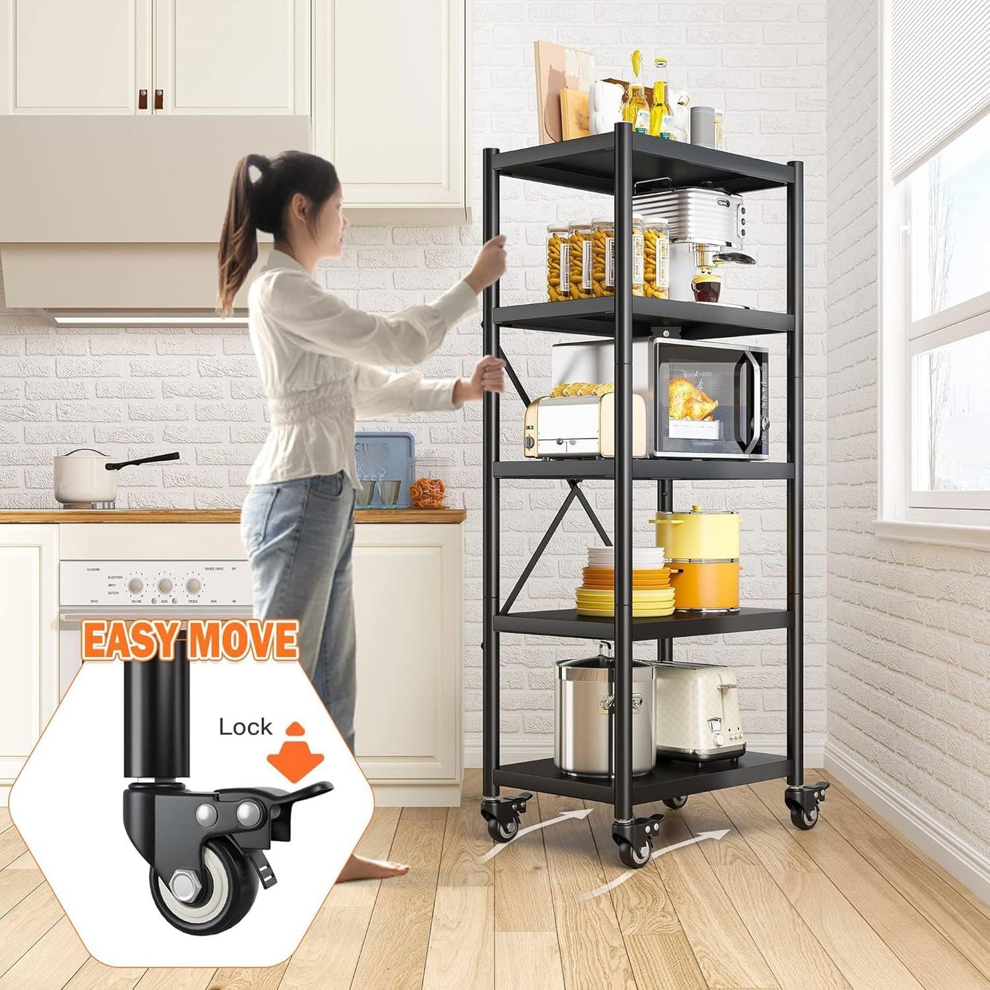 REIBII 5 Tier Metal Shelving Unit Load 1168LBS,Storage Shelves with Wheels,Wire Garage Shelving Commercial Shelf Organizer for Laundry Kitchen Pantry Closet Living Room,23.6" W X 15.7" D X 65.4" H