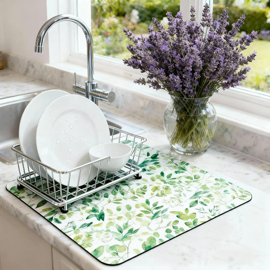 Dish Drying Mat Super Absorbent – 16" x 18" Coffee Mat for Countertops – Non-Slip Drying Mat for Kitchen Counter – Easy to Clean Water Absorbent Mat – Quick Dry Dish Mats (Green Leaves)