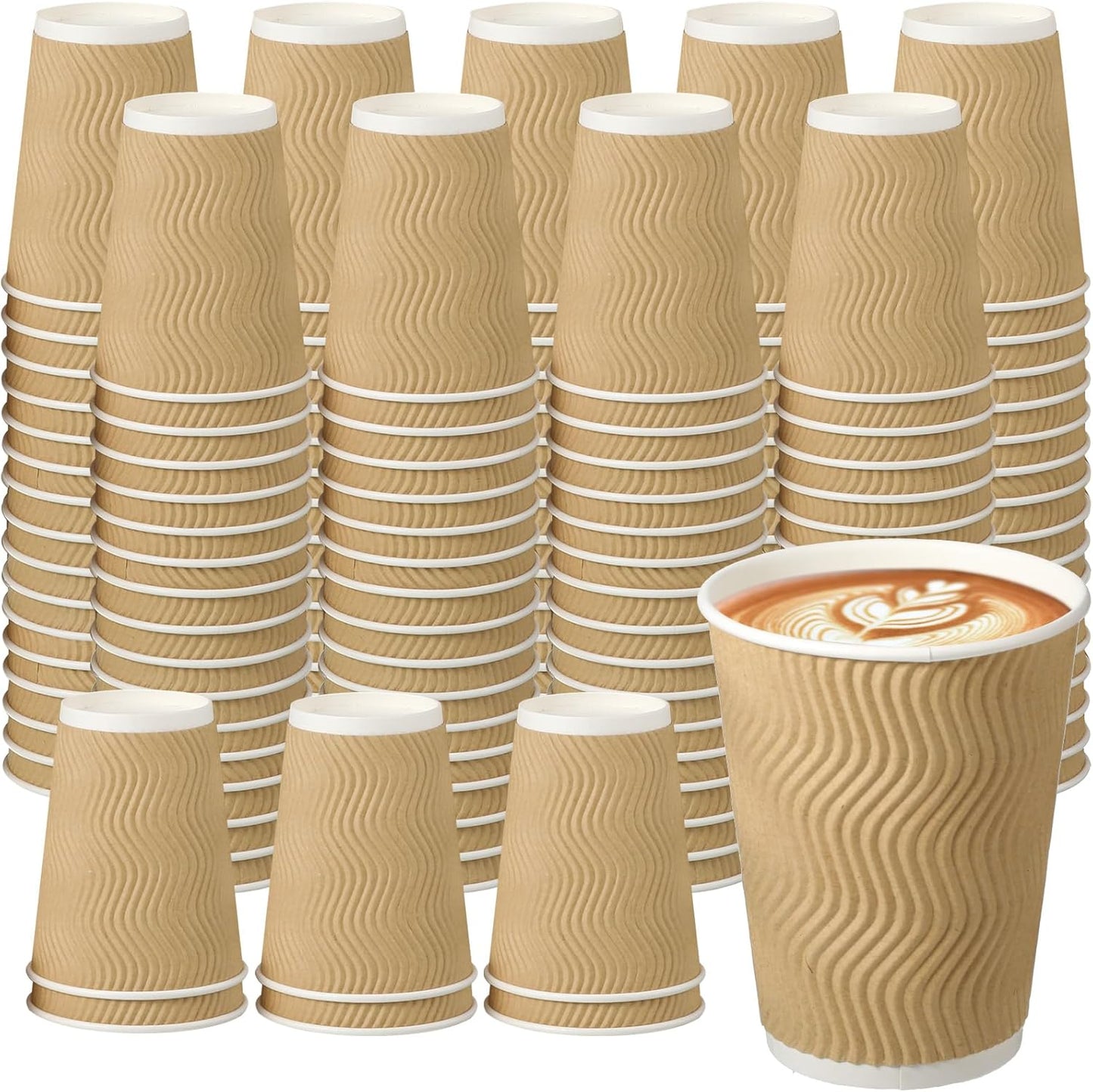 Foaincore 250 Pack 12 oz Paper Cups Bulk Disposable Ripple Insulated Ripple Wall Paper Coffee Kraft Hot Beverage Coffee Cups for Hot Beverage Cold Drinks Party