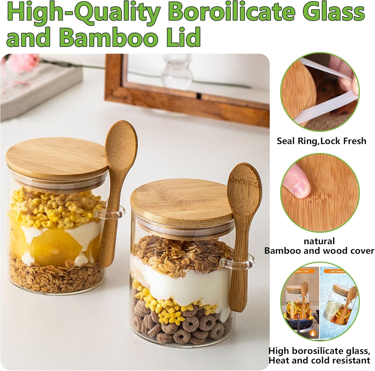 6-Pack 18.5oz Airtight Glass Meal Prep Containers with Lids – Overnight Oats Jars for Coffee, Nuts, Candy, Chia Seed Sugar & Pudding | Leakproof Borosilicate Glass Food Storage Jars