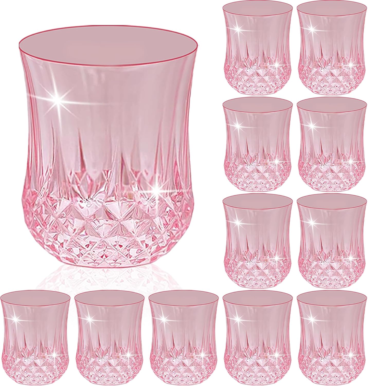 12 PCS Pink Stemless Wine Glasses，Colored Plastic Reusable Cups 9OZ Vintage Drinking Glasses Tumblers for Whisky, Beer, Juice, Beverages, Cocktai