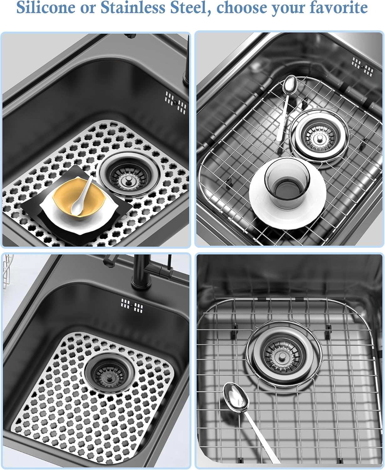 2 Pack Silicone Sink Protector for Kitchen Sink Bathroom, 13.58" x 11.6" Heat-resistant Sink Mat Non-Slip and Durable Silicone Protectors, Rear Drain, White