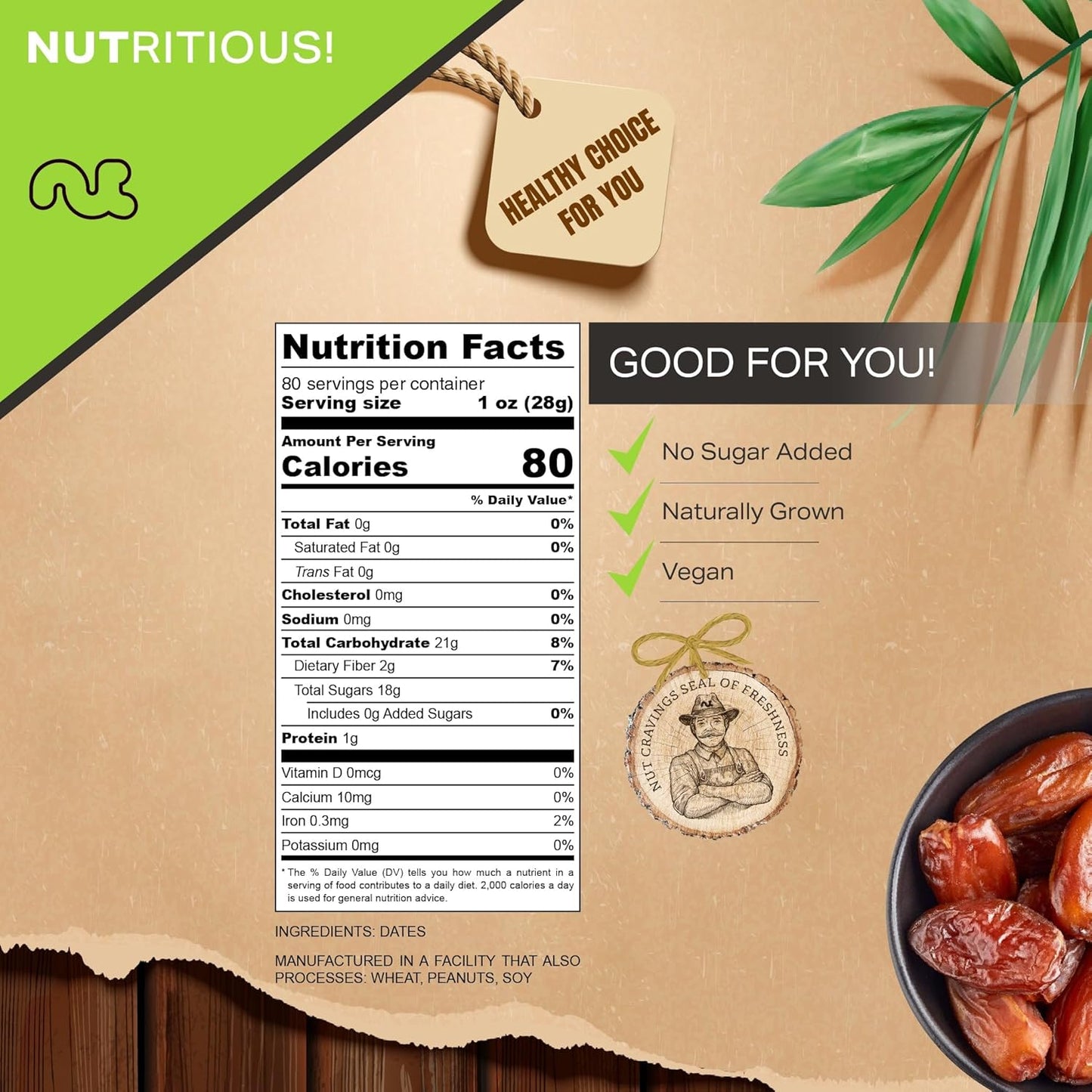 NUT CRAVINGS - Sun Dried Deglet Noor Dates Pitted, No Sugar Added (80oz, 5 Lbs) Bulk Dry Fruits Packed Fresh in Resealable Bag - Sweet Healthy Snack, Naturally Grown, Vegan, Kosher