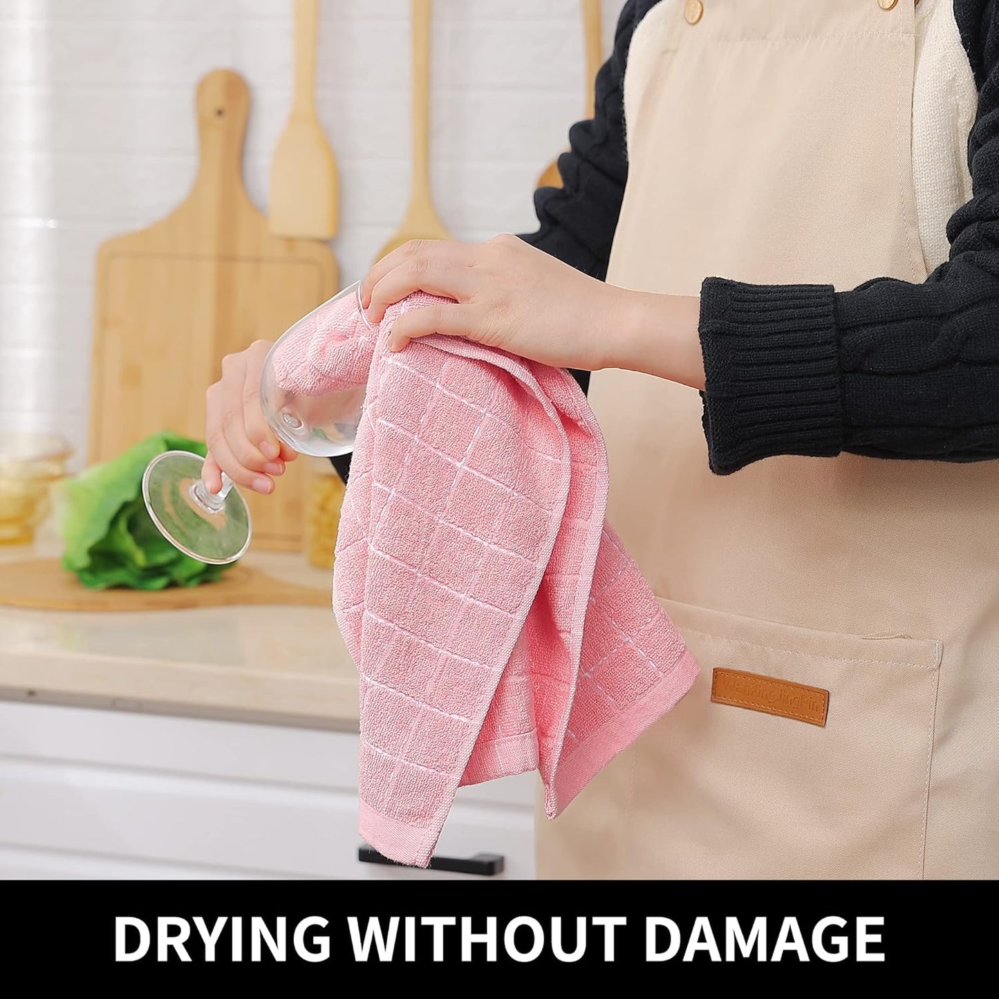 Homaxy 100% Cotton Terry Kitchen Towels(Pink, 13 x 28 inches), Checkered Designed, Soft and Super Absorbent Dish Towels, 8 Pack