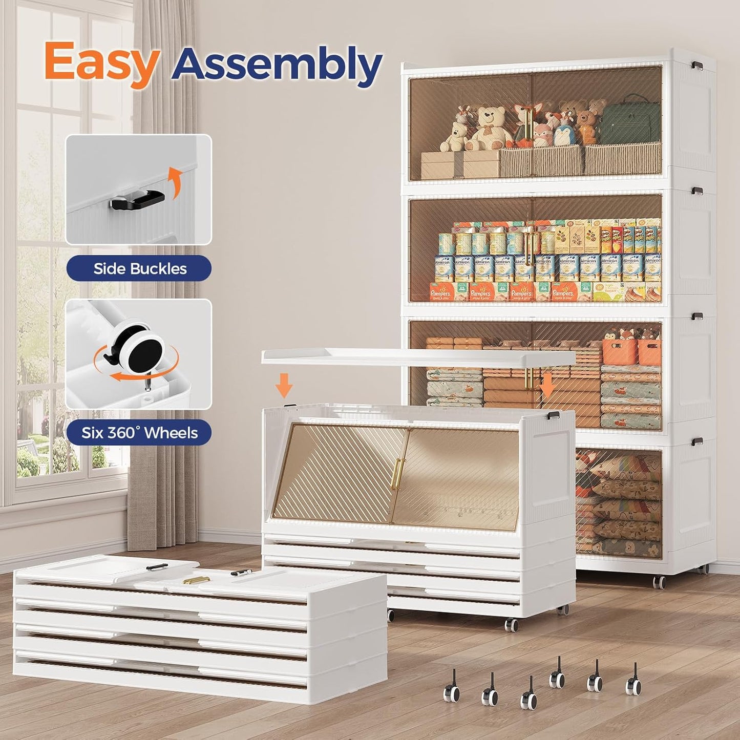 150 Gallon Extra Large Collapsible Storage Bin with Lid, 600QT Stackable Plastic Organizer with 6x Wheels, Foldable Drawer Cabinet for Closet, Living Room Office Dorm 3Pack, White