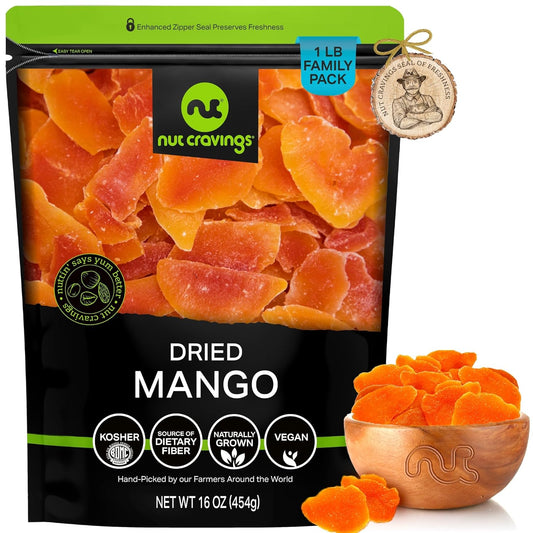NUT CRAVINGS - Sun Dried Mango Slices, Lightly Sweetened (16oz, 1 LB) Bulk Dry Fruits Packed Fresh in Resealable Bag - Sweet Healthy Snack, Naturally Grown, Vegan, Kosher