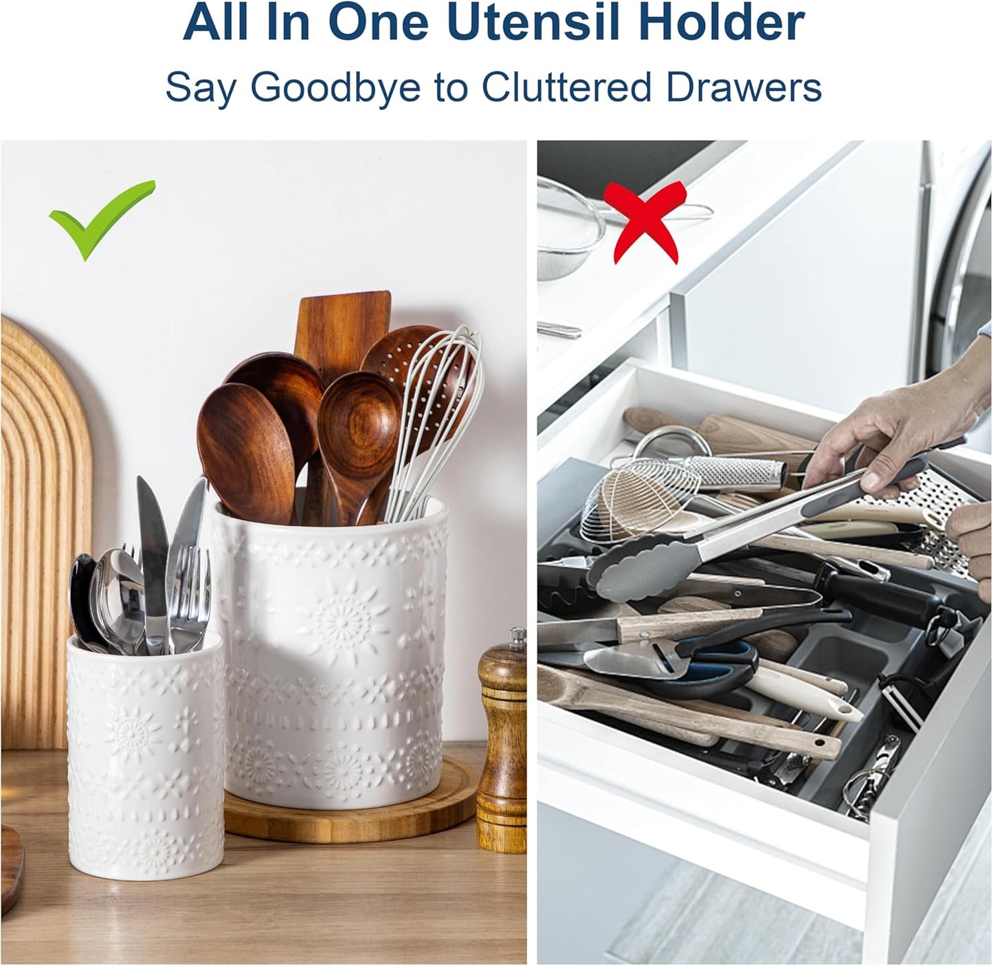 LOVECASA Utensil Holder, 7.2"+5.4" Ceramic Utensil Holder for Countertop, Large Cooking Utensil Crocks for Kitchen Counter, Farmhouse Utensil Vase for Housewarming, Kitchen Decor, Set of 2, Snow