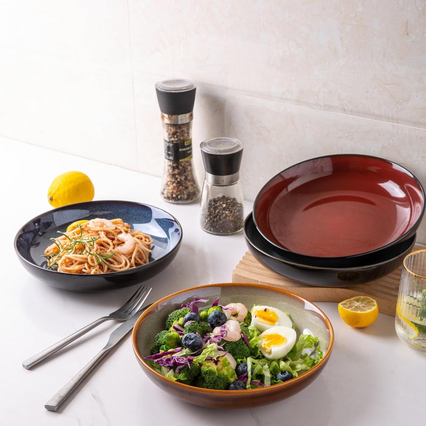 LERATIO Pasta Bowls,Ceramic 38oz Pasta Bowls,9.0" Reactive Glaze Pasta Bowl Set of 4,Microwave & Dishwasher,Oven Safe,Large Wide Serving Bowls for Salad, Dessert,Pizza,Fruit -Colorful