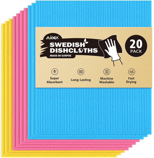 AIDEA Swedish Dishcloths for Kitchen, 20PK, Reusable Paper Towels, Kitchen Washcloths Dish Rags, Eco Friendly No Odor Reusable Cleaning Cloths, Cellulose Sponge Cloths, 7"×6"