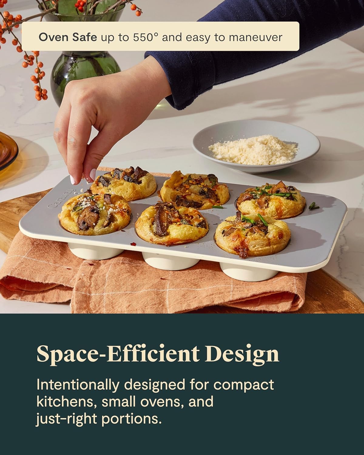 Caraway Nonstick Ceramic 6 Cup Muffin Pan Duo – Non-Toxic, PTFE & PFOA Free – Oven Safe – Aluminized Steel Core – Small Muffin Pan for Baking Cupcakes, Muffins & More - Marigold