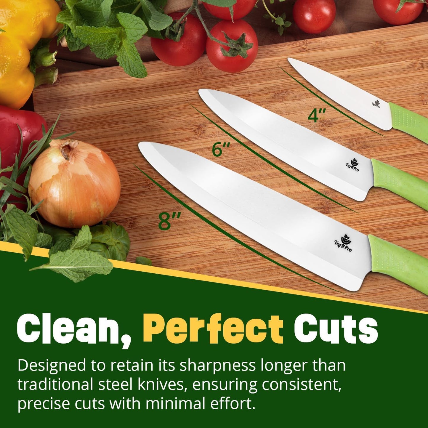 Ceramic Knife Set with Ergonomic Handle, Non-Reactive and Professional Chopping Knife Featuring Sharp, Santoku Blades for Cutting Vegetables & Fruits, Ceramic Kitchen Knives Set of 3 - 6”, 4”, 8”
