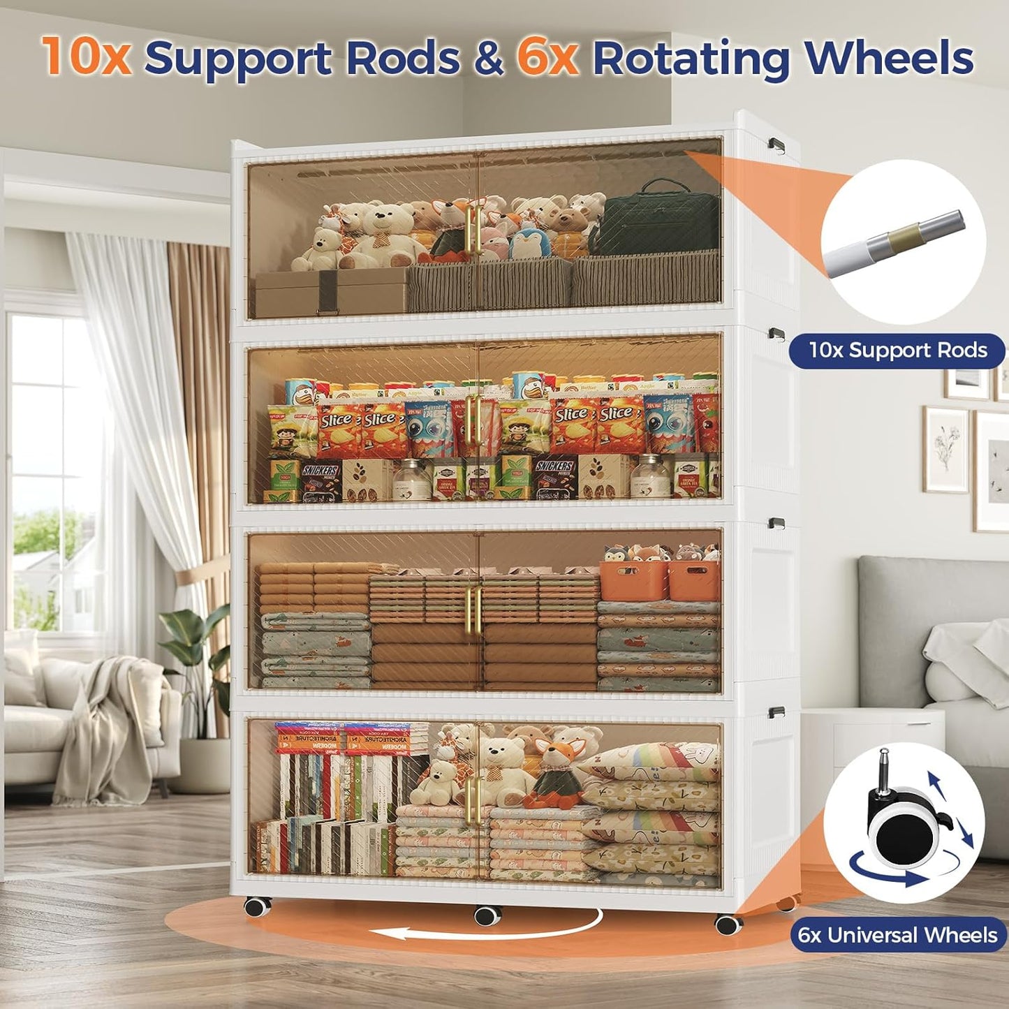 320 Gallon Extra Large Collapsible Storage Bin with Lid, 1280QT Stackable Plastic Organizer with 6x Wheels, Foldable Drawer Cabinet for Closet, Living Room Office Dorm 4Pack, White