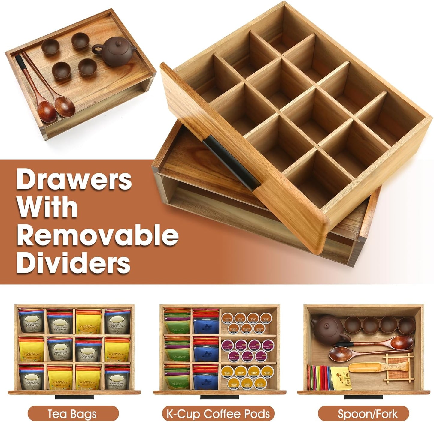 Acacia Wood Tea Bag Organizer - 12-Compartment Capacity Tea Box Organizer Storage Box with Drawer, Tea Accessories for Tea Bags Storage Drawer, Tea Station for Countertop