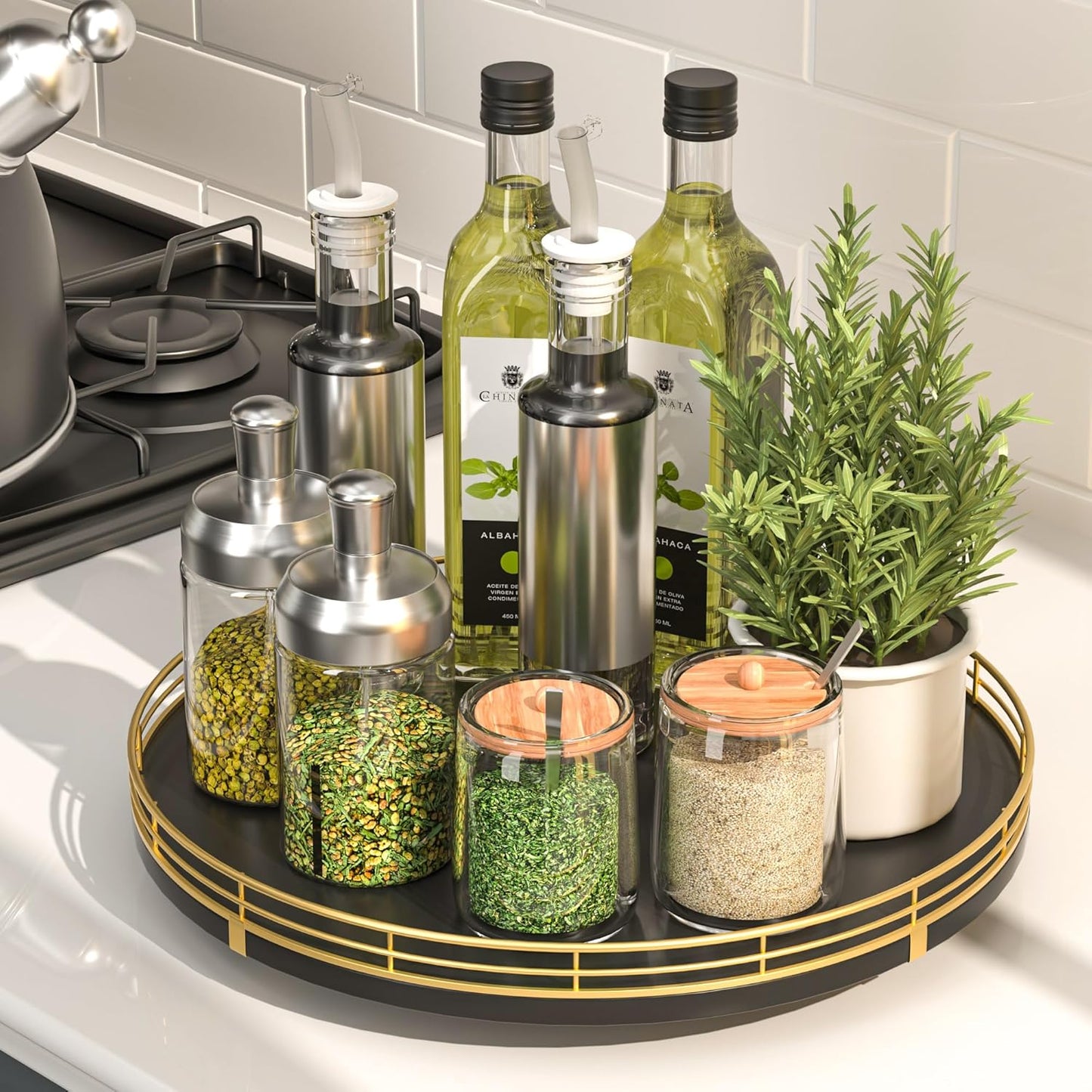 12" Oak Wood Lazy Susan Organizer, Lazy Susan for Cabinet Dining Table Pantry Wood Turntable Organizer Tray for Coffee Table Kitchen Countertop Spinning Spice Can Organization and Storage Round Gold