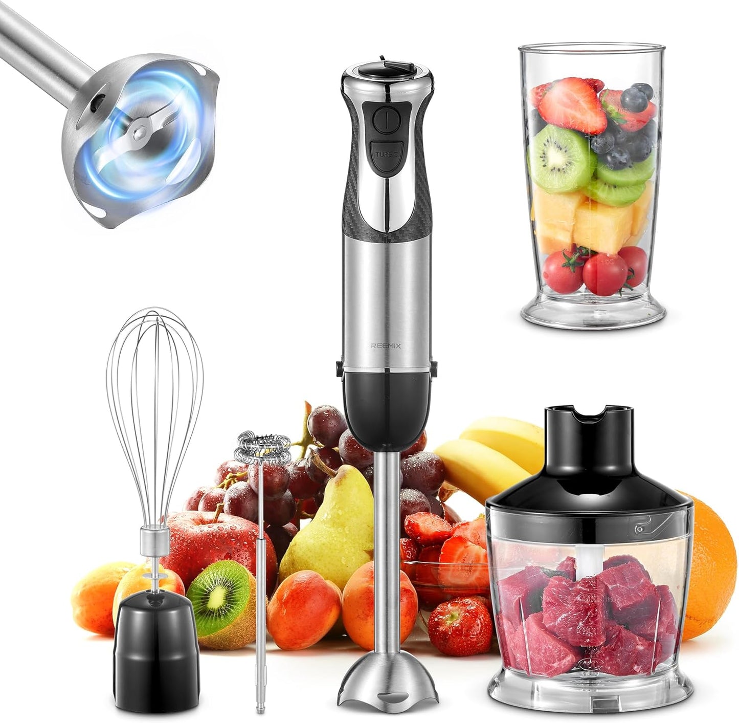 5-in-1 Hand Immersion Blender, 1000W Handheld, Copper Motor Stainless Steel Blade Stick, Mixing Beaker, Food Processor, Whisk, Milk Frother for Smoothies Puree Baby Food (Black)