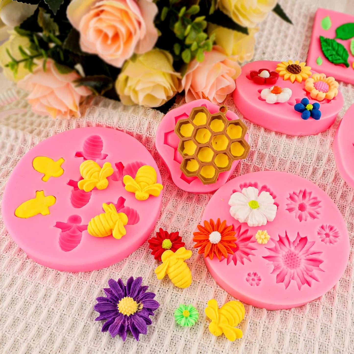 Silicone Mold Flower 8pcs Chocolate Fondant Polymer Clay Candy Gummy Mold,Rose Leaf Butterfly Bee Honey Shaped Silicone Molds for DIY Cake Cupcake Decor Craft