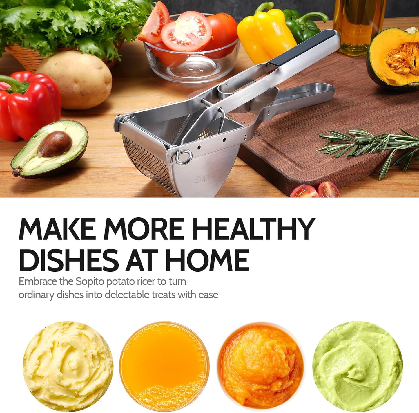 Potato Ricer, Sopito Stainless Steel Potato Masher for Commercial and Home Use, Black