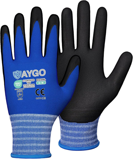 KAYGO Safety Work Gloves MicroFoam Nitrile Coated, 3 Pairs, KG18NB,Seamless Knit Nylon Glove with Black Micro-Foam Nitrile Grip,Ideal for General Purpose,Automotive,Home Improvement,Blue,M