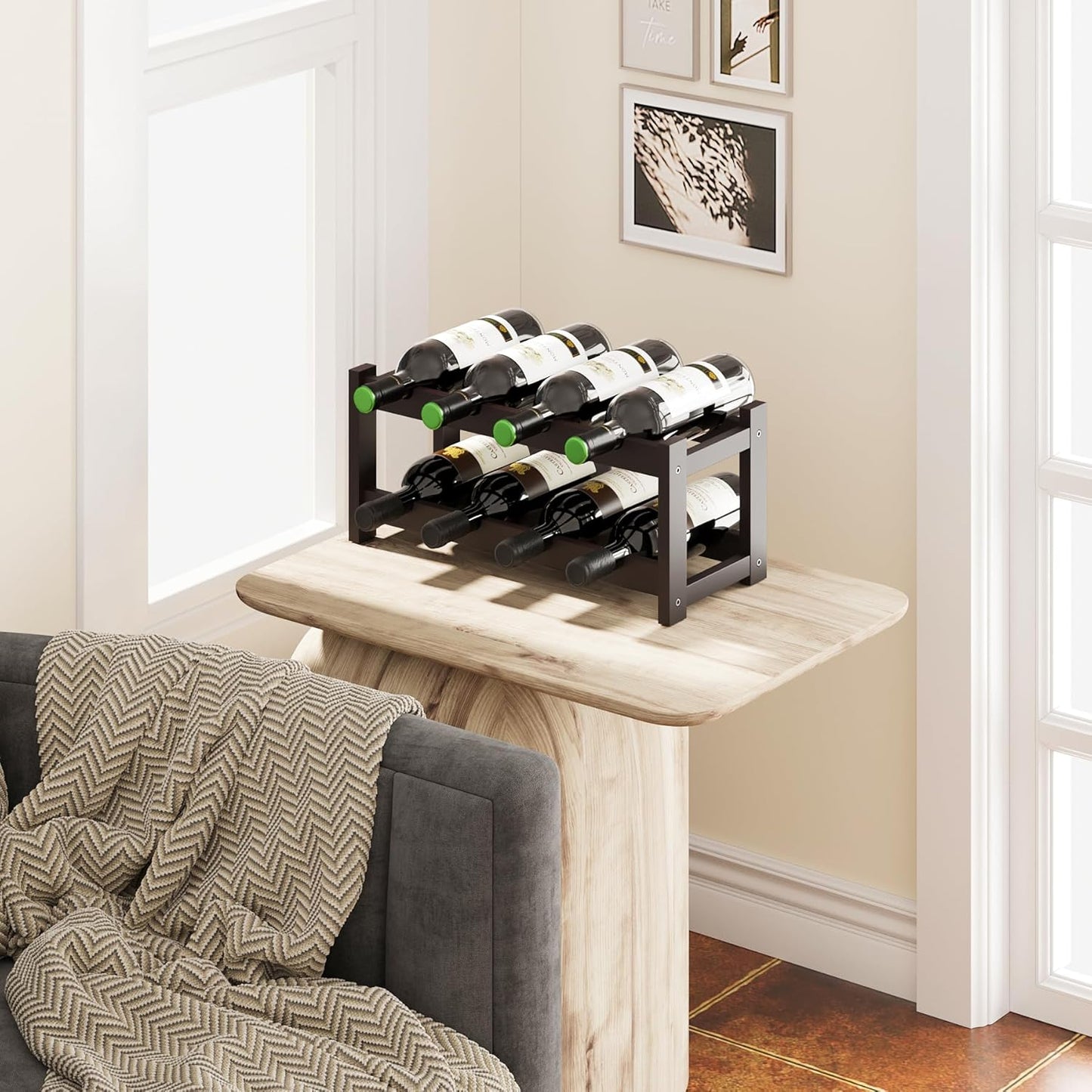 BAMEOS Bamboo Wine Rack, 2 Tier Wine Racks Countertop Storage, Wine Bottle Holder Wine Rack freestanding Floor for Kitchen, Bar, Pantry, Wine Cellar, Basement,Study, (16.85 L x 9.25W x 7H) Espresso