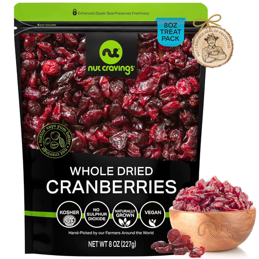 NUT CRAVINGS - Sun Dried Whole Cranberries, Lightly Sweetened (8oz, 1 Pack) Bulk Dry Fruits Packed Fresh in Resealable Bag - Sweet Healthy Snack, Naturally Grown, Vegan, Kosher