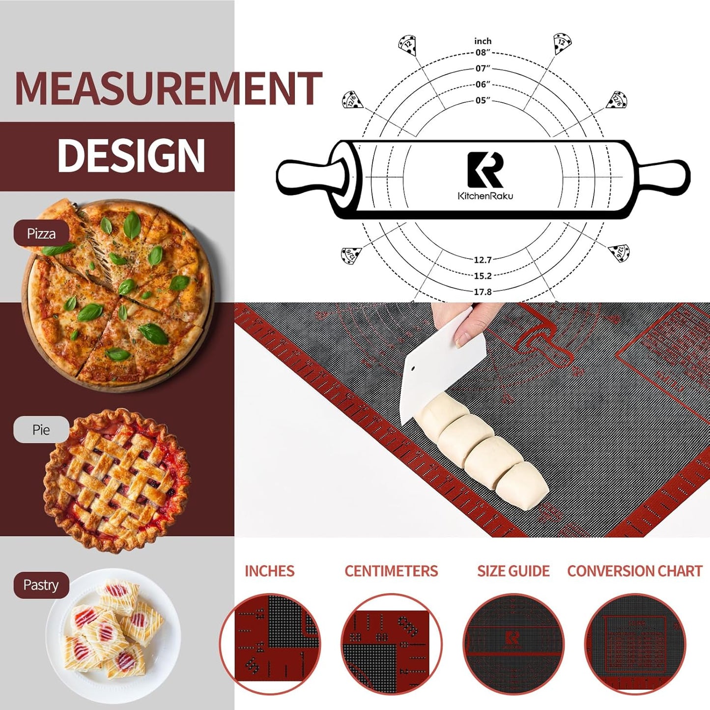 Silicone Pastry Mat Extra Large with Measurements 26''x16'' for Reusable,Non-slip Silicone Baking Mat, Counter, Dough Rolling, Oven Liner,Fondant/Pie Crust (Translucent_Red, 16''W x 26''L)