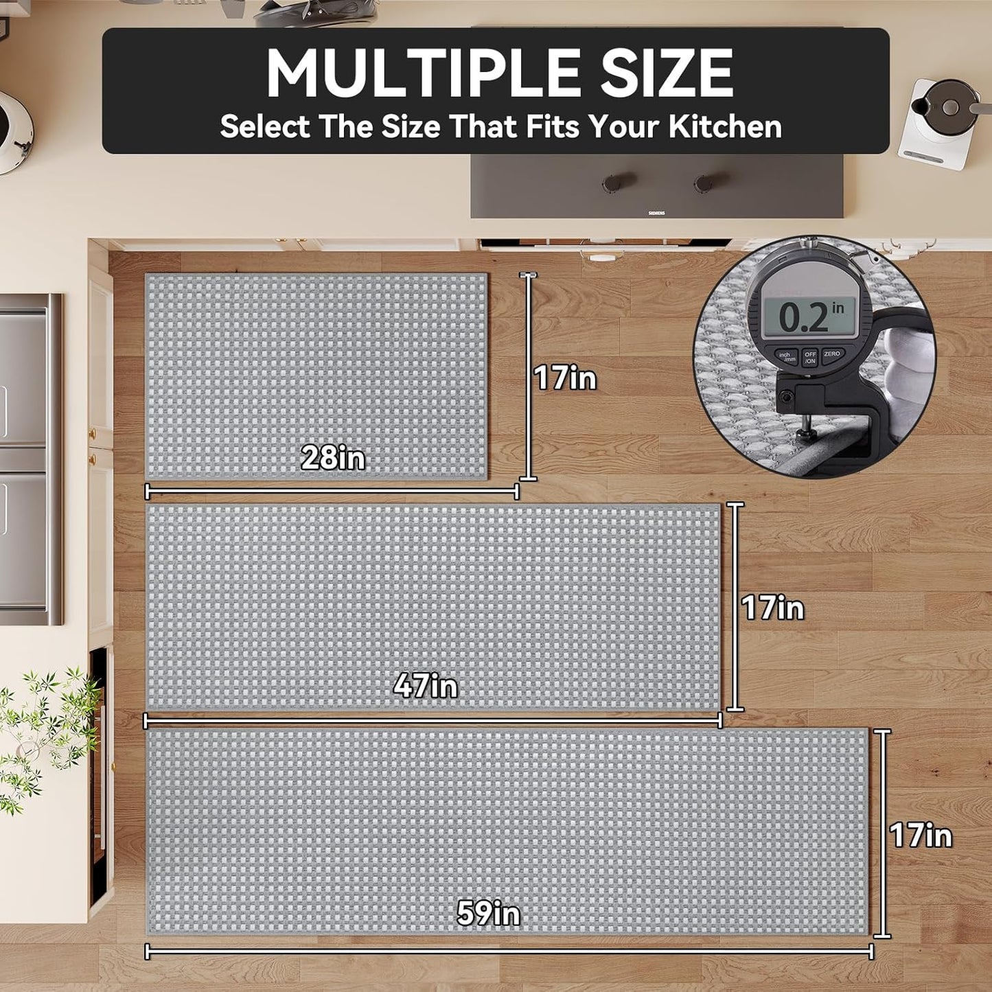 Kitchen Mat Kitchen Rugs Sets of 2 PCS Non Slip Washable, Super Absorbent Soft Braided Kitchen Mats for Floor, Rubber Backing Comfort Standing Kitchen Sink Mat Runner Rug, Gray 17"x28"+17"x47"