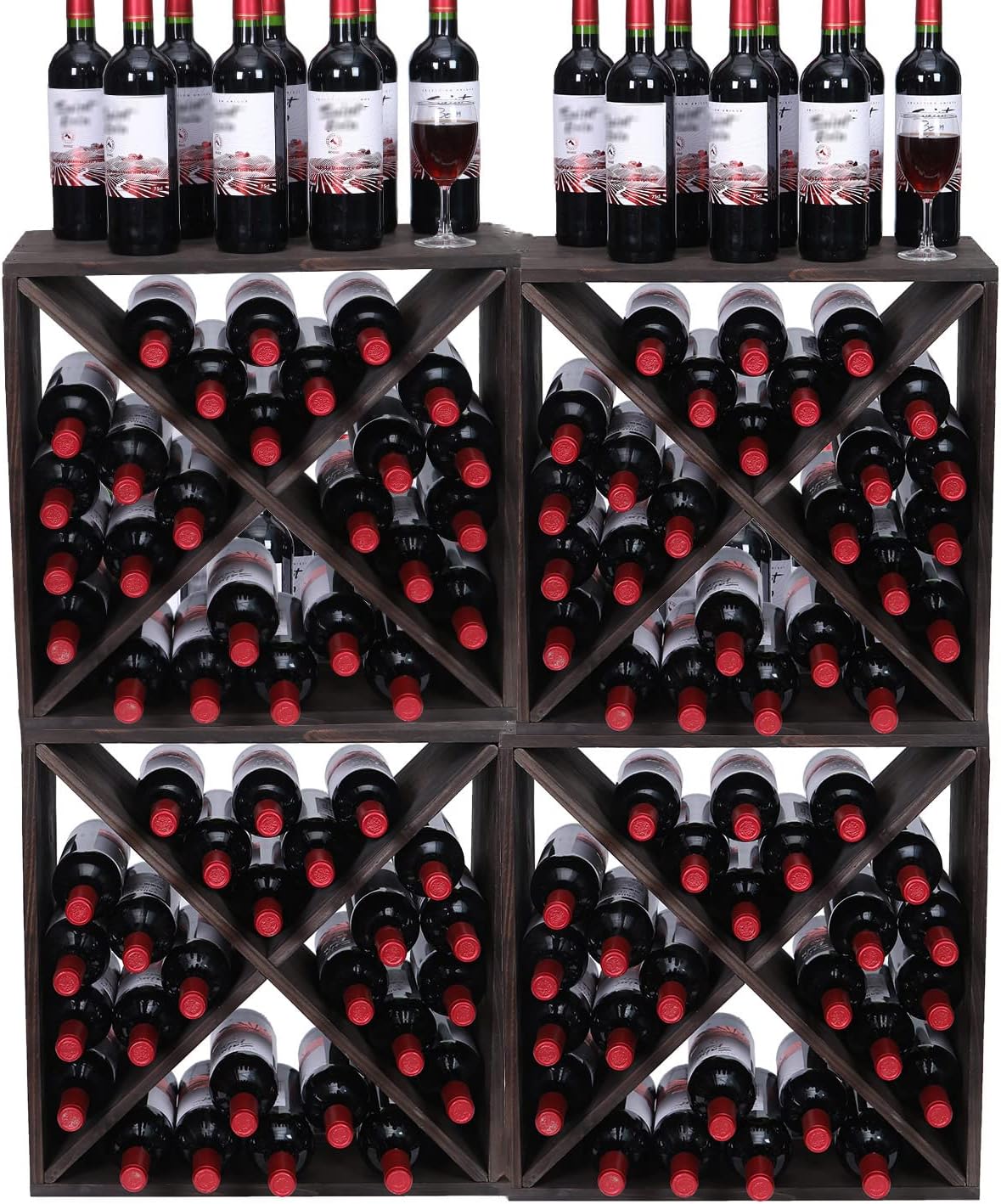 Wine Rack Cabinet countertop Wooden Stackable Storage Retro Cube freestanding Floor Wine Bottle Holder Stand(96BottleBlack)