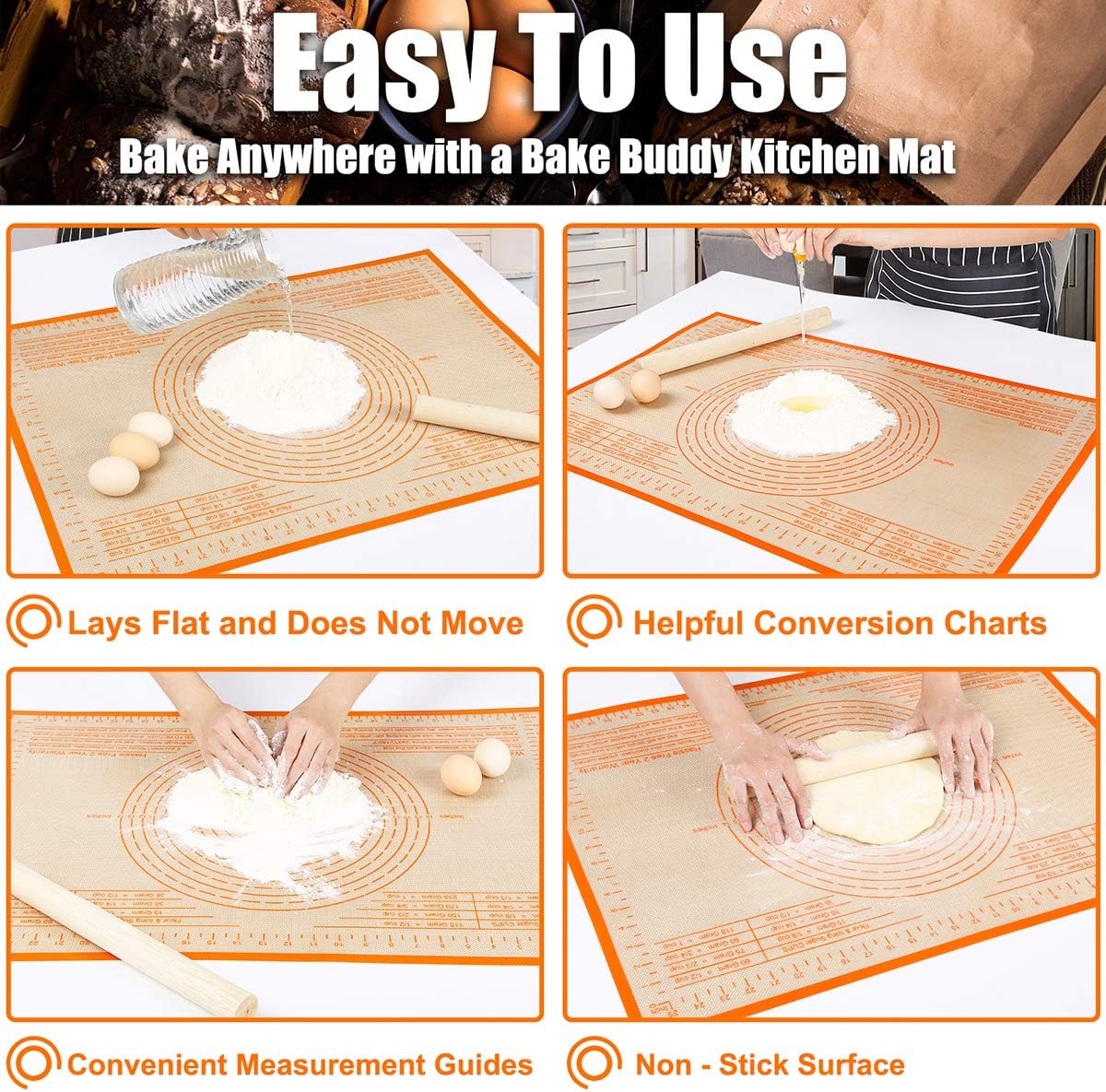 Silicone Pastry Mat 36'' By 24'' Extra Large Baking Mat with Measurements for Dough Rolling, Kneading Board, Kitchen Counter Mats, Perfect for Dough, Fondant, Pie Crust, Cookies, Bread, Pasta, Pizza