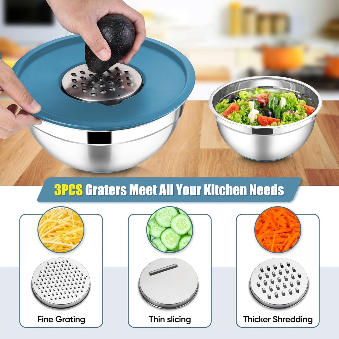 E-far Stainless Steel Mixing Bowls with Lids Set, 5-Piece Nesting Salad Bowls with 3 Grater Attachments and Non-Slip Bottoms, Size 4.6, 2.6, 2, 1.5, 1QT for Kitchen (Blue)