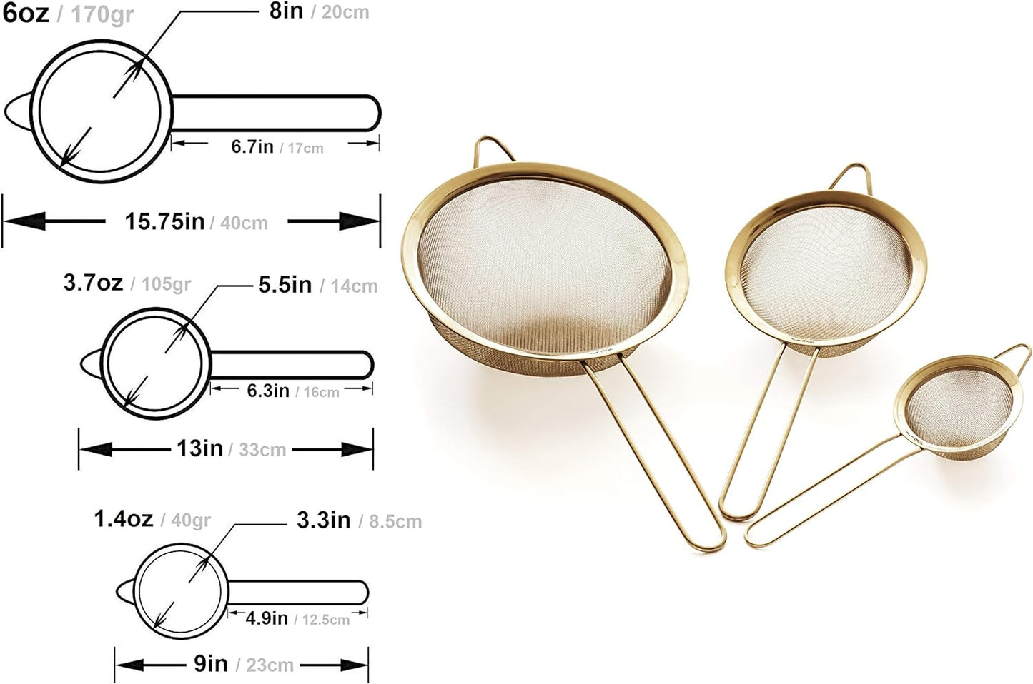 Strainer Set Fine Mesh – Premium 304 Stainless Steel (18/8) – 8″, 5.5″ and 3.3″ Sturdy Kitchen Strainers (Gold)