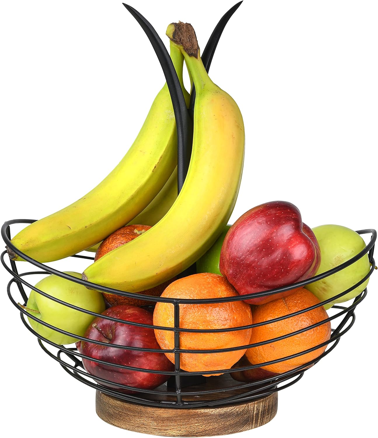 Modern Farmhouse Fruit Basket with Banana Holder for Kitchen Counter, Vintage Wire and Wooden Base Fruit Bowl & Banana Hanger for Kitchen Countertop Decor, Banana Tree & Fruit Stand