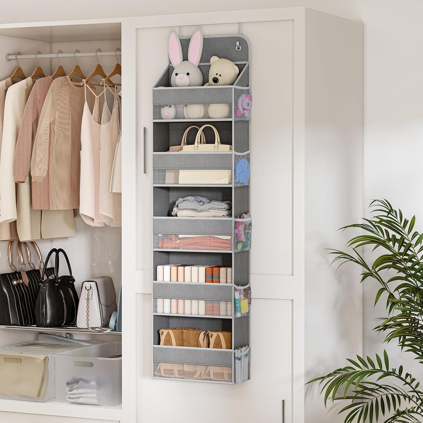 LAMU 1 Pack Over The Door Organizer Hanging with 5 Large Pockets and 10 Mesh Pockets, 44lb Over The Door Storage for Closet, Nursery and Bathroom, Behind The Door Storage with Clothes and Toys, Gray