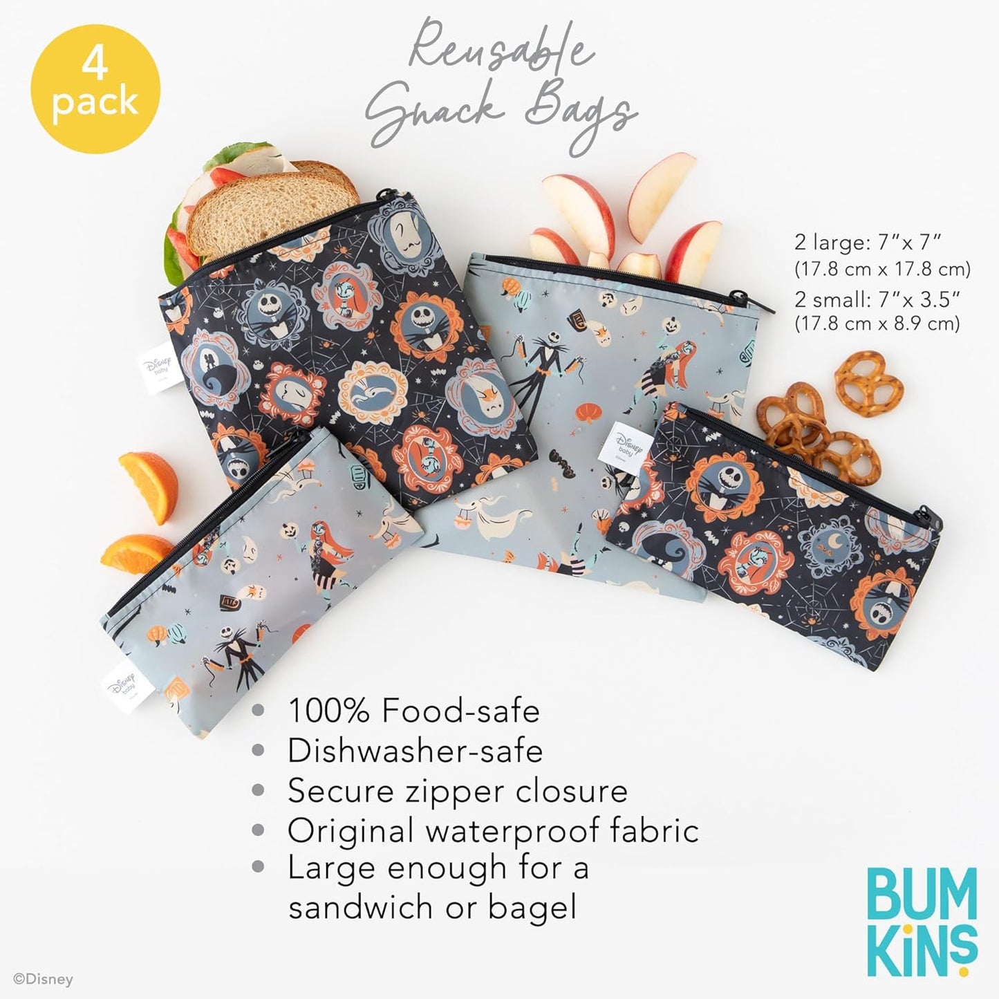 Bumkins - Cloth Snack & Sandwich Bags - For Storage, Travel, Food Prep, Lunch - Reusable, Water Resistant, Dishwasher Safe - Snack Bags for Kids - Zipper Closure - Nightmare Before Christmas - 4 Pack