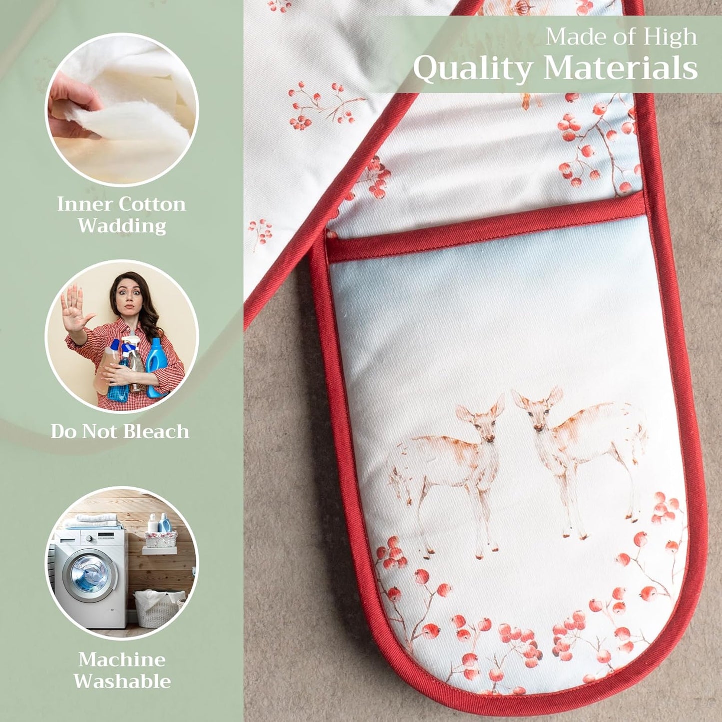 Maison d' Hermine Double Oven Mitt 100% Cotton Heat Resistant Cooking Gloves with Loop, Baking Barbeque, Handling Hot Pan, Fairytale Forest - Thanksgiving/Christmas (7 Inch x 35 Inch)