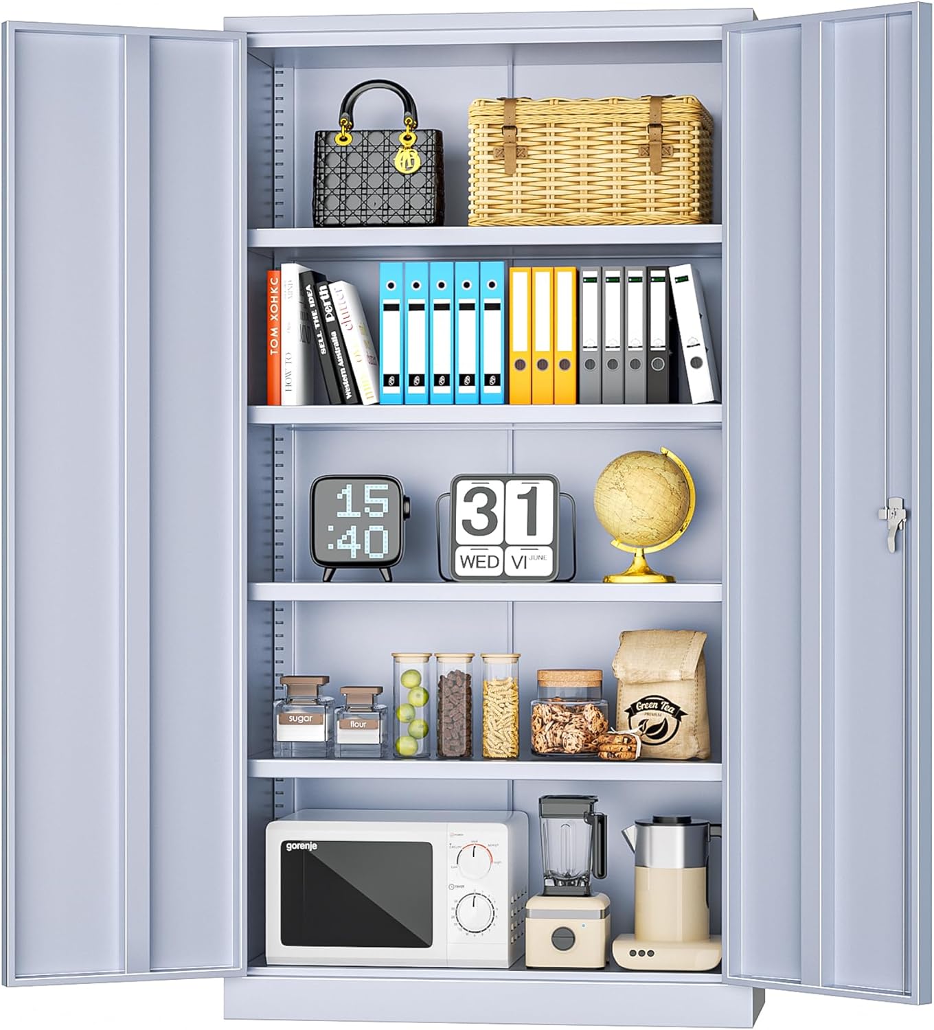 INTERGREAT Metal Storage Cabinets 72” Cement Grey Garage Steel Storage Cabinet with Doors and Shelves, Steel File Cabinet for Home Office, Basement, Warehouse, Classroom（Anti Tipping）