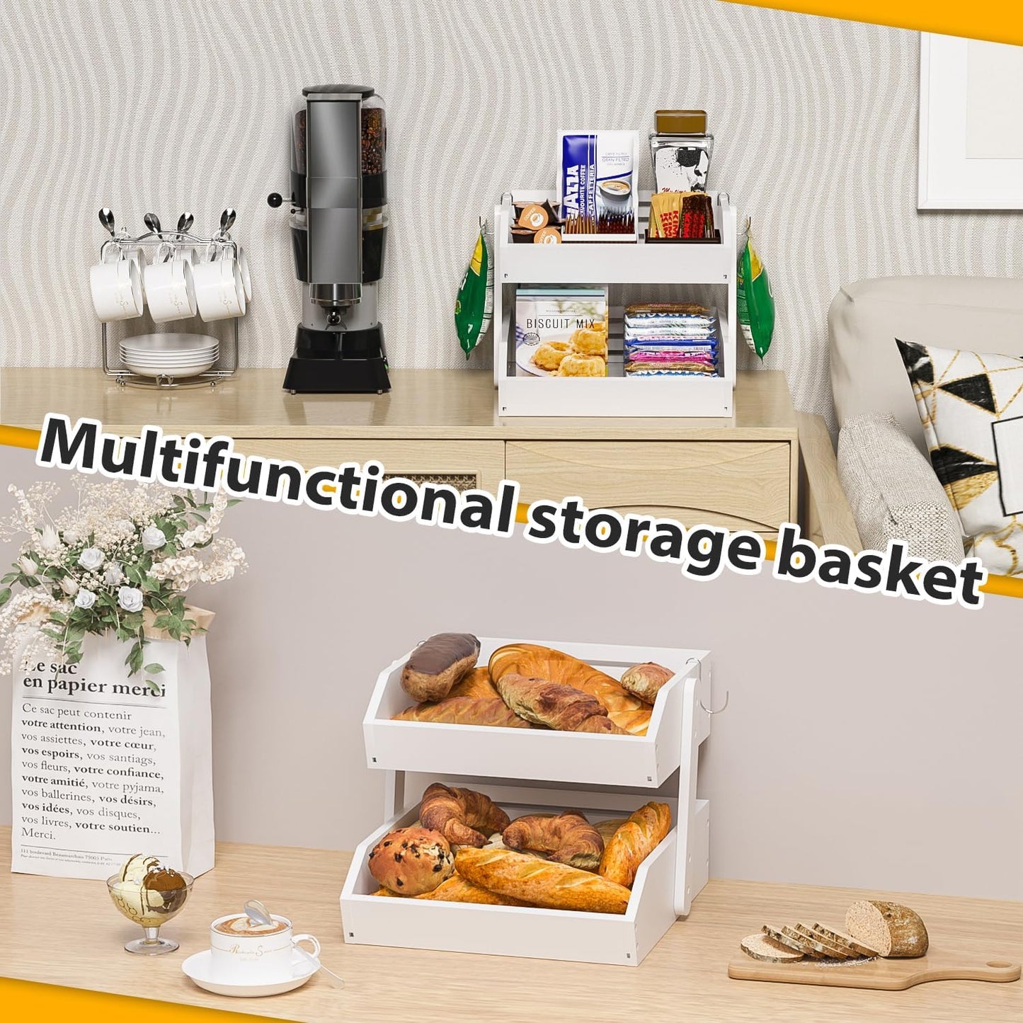 Bamboo Fruit Basket for Kitchen - 2 Tier Fruit Bowl, Large Holder With Banana Hangers, Idea For Vegetable Storage, Bread Display, Snack Organizer (White)