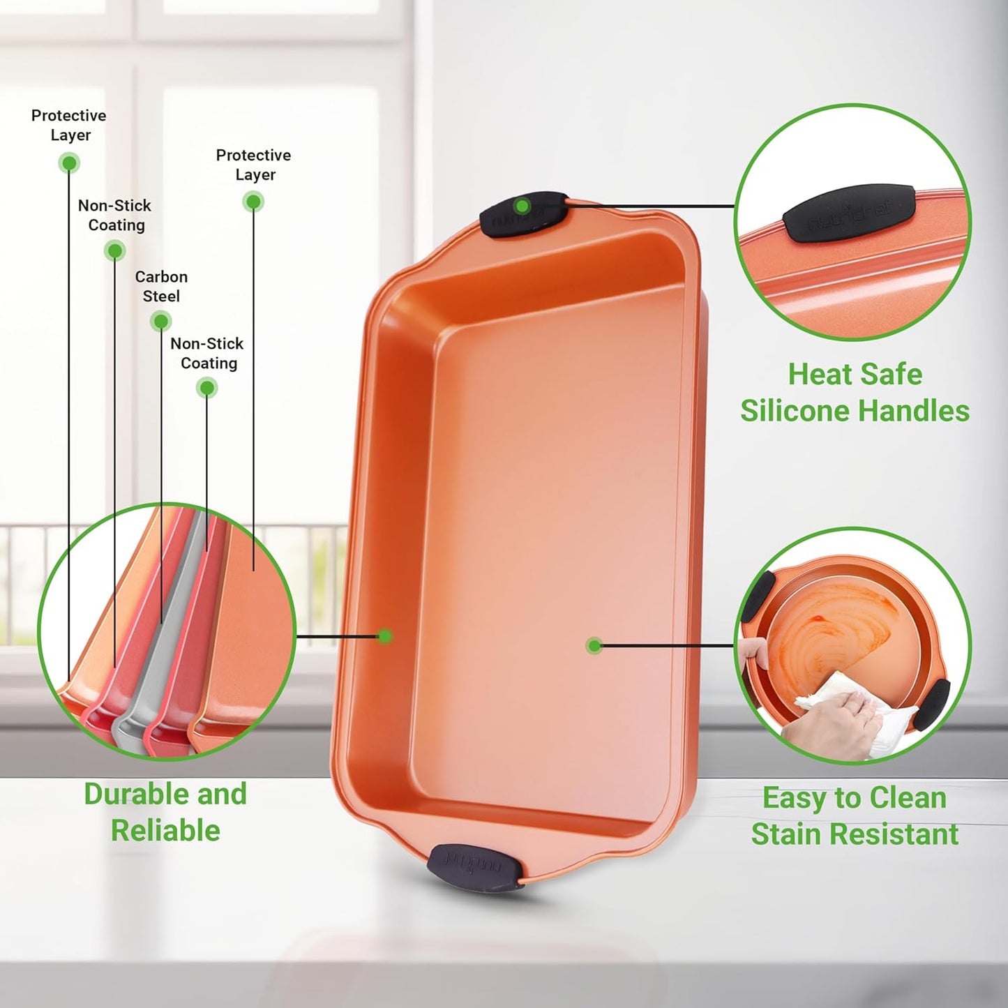 NutriChef 10-Piece Nonstick Baking Pan Set - Premium Carbon Steel Bakeware with Silicone Handles, Baking Pans, Pizza Pan, Square Pan, Loaf Pan, Cookie Sheet, Round Pan, 12/24 Cup Muffin Pan (Copper)